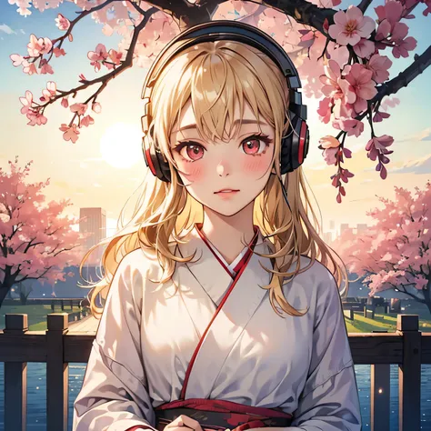 blush、blonde、red eyes、美しい女の子がalone、listen to music、headphones、and soul、alone、kimono、lonely、cherry blossomorning、Phone - car