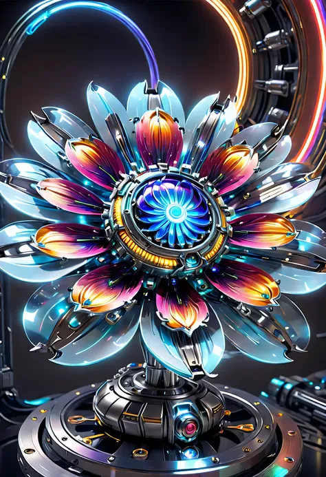 (no one: 1.5), autobot metal flower, (1 metal flower, Amari flowers made of futuristic transparent vibranium: 1.3), vibranium metal flower, colorful neon lights, high tech mechanical parts, metal body, Detailed vibranium flower design, bright colors, Dynam...