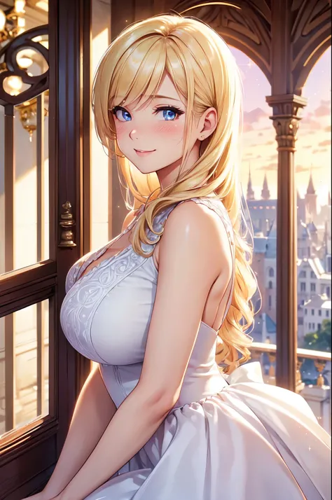 (High quality, High resolution, Fine details), Castle Balcony, American Sleeveless Dresses, solo, curvy women, blond hair, sparkling eyes, fashionable hairstyle, (Detailed eyes:1.2), smile, blush, Sweat, Oily skin, View from the side, (shallow depth of fie...