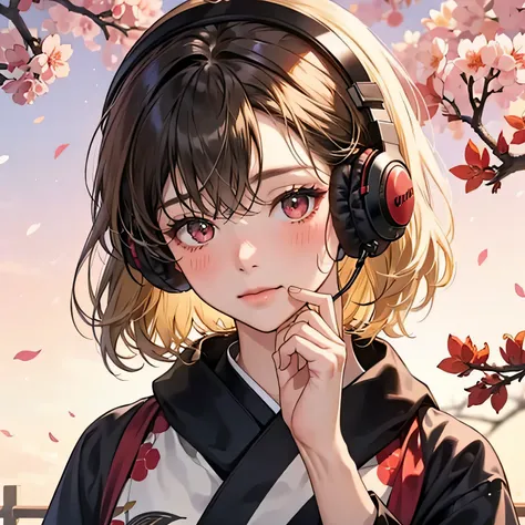 blush、blonde、red eyes、美しい女の子がalone、listen to music、headphones、black hair、and soul、alone、kimono、lonely、cherry blossomorning、Phone - car