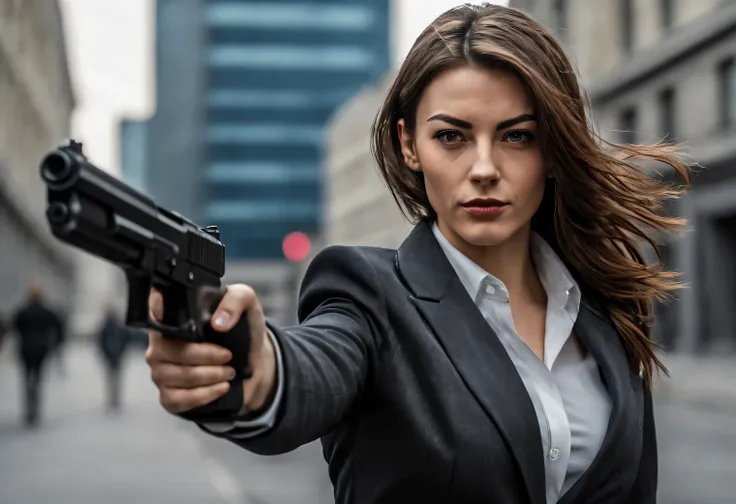 Фотография сделана Sony a7R V FE 70-200mm f./2.8 US Grandmasters II, a young European secret agent girl runs down the street towards the viewer, brunette, Thin and strong, athletic build, Very beautiful, with secret agent talking headset, armed with a pist...