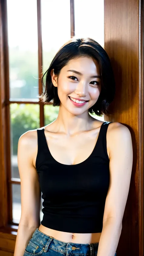 (highest quality, 8k, 32K, masterpiece, Hmm:1.2),Photos of beautiful Japanese women, super short hair,cowboy shot,Tank top, looking at the viewer,boyish、fine、young、tanned skin、big smile、No bra