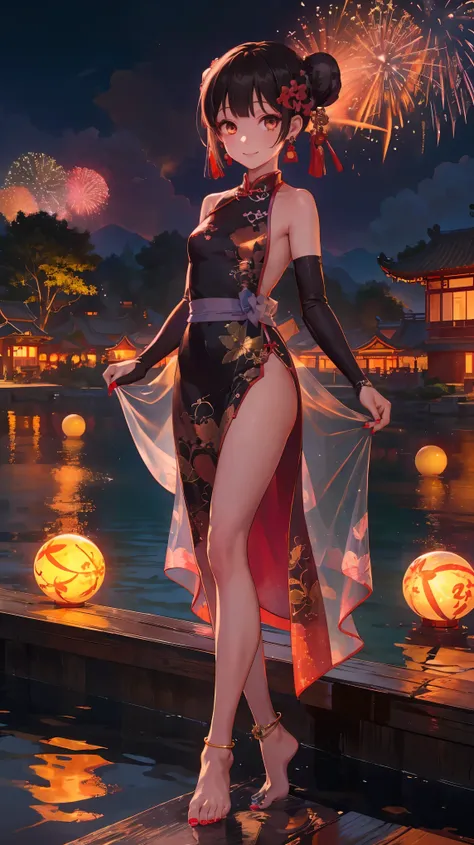 1girl, (Miyu Edelfelt),loli,black hair,brown eyes,seductive smile,nsfw, barefoot, see-through dress, butterfly, butterfly hair ornament, backless dress, chinese clothes,sleeveless, double bun,golden dragon print,bare foot,,elbow gloves,hair bun, hair ornam...