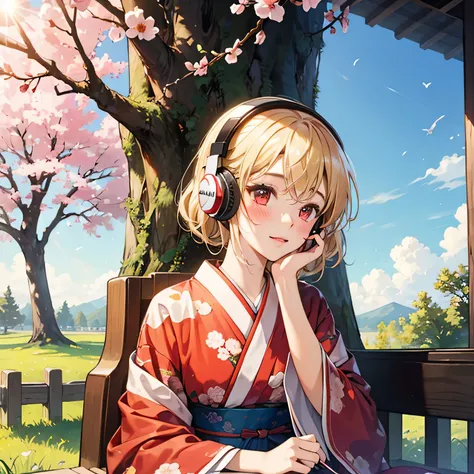 blush、blonde、red eyes、美しい女の子がalone、listen to music、headphones、and soul、alone、kimono、lonely、cherry blossomorning、Phone - car