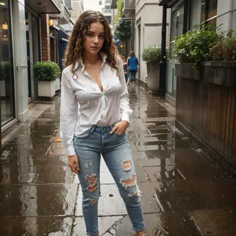 woman with curly hair and white buttoned shirt and ripped jeans and high heels. Soaked by rain. See trough. Outside on street. Full body. Seductive.