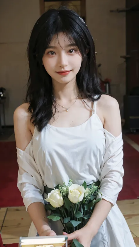 best quality， ultra high resolution， （realistically：1.4），cute hairpin，Baoyu Girl，Standing in the wedding hall，A pair of clear and charming peach blossom eyes,Royal sister，The sun shines on the face，Big wavy hairstyle，（necklace：1.2），（White skin：1.4），a sense...