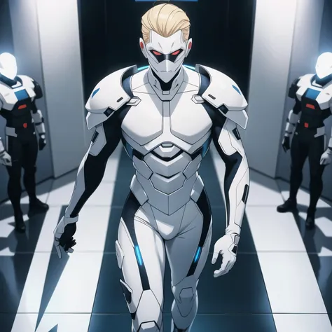 (futuristic, sci fi)Man in all white body suit, blonde hair, white gaunlets, full body suit, hands visible, hair visible, pale skin, beautiful face, masterpiece, white futuristic mask covering mouth, eyes visible, sinister intent, tools in hand, soldiers i...