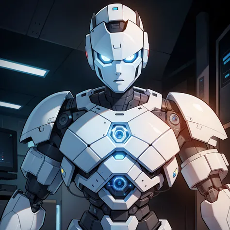 A beautiful white cybernetic robot man in the Cybernetics lab