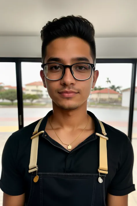 RAW photo in sequence, uma imagem de um menino de 17 anos, ((uniforme de restaurante branco, tergál style overalls)), wearing black Versace VE 3326U GB1 glasses/gold plastics rectangular lenses, staring at the camera.
Alta qualidade, imagem realista, fotog...