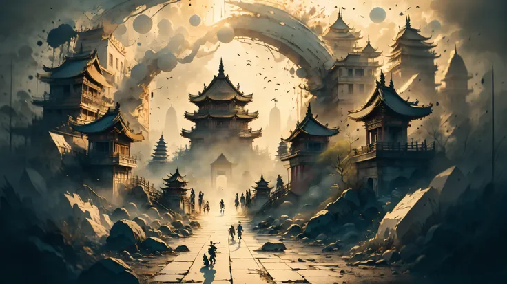 the forbidden city, China, absurdist, a highres, Super detailed, (1 girly : 1.3), Broken, Beautiful temple scenes, Complex architecture, Lush gardens, Design a sense of peace and spirituality. Broken, Scary features, The power of darkness, Create an image ...