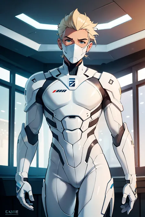 (futuristic, sci fi)Male in all white stealth suit, blonde hair, white gaunlets, full body suit, hands visible, hair visible, pale skin, beautiful face, masterpiece, white futuristic mouth mask