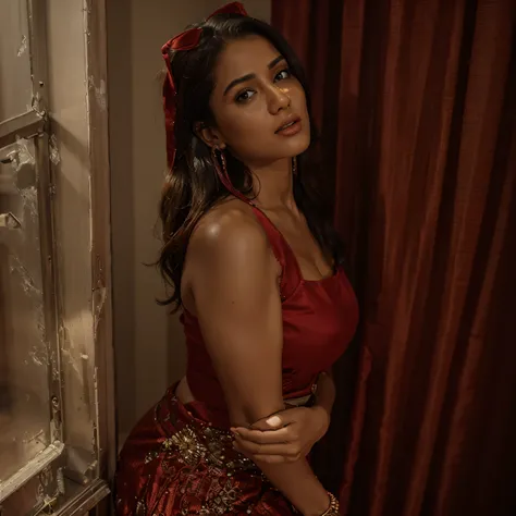 (best quality,hd quality,highres) (animated avatar:1.1,figure:1.1), generate hyper realistic image of Indian model, mood is full of seduction, wearing a long dress of colour red, standing for a picture, no cleavage 