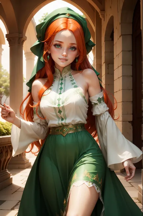 girl With flaming locks of auburn hair and with ivory skin and eyes of emerald green ,her smile is like a breath of spring, wearing islamic long dress