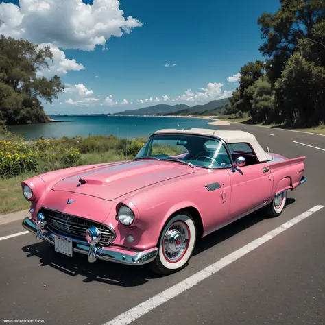 diagonal photo of a 1955 Ford Thunderbird convertible, metal polido brilhante, cor rosa brilhante, a pintura reflete tudo ao seu redor, estilo ciberpunk, cercado de luz neon colorida, roda grossa, roda dourada, detalhes em dourado, Woman in sunglasses driv...