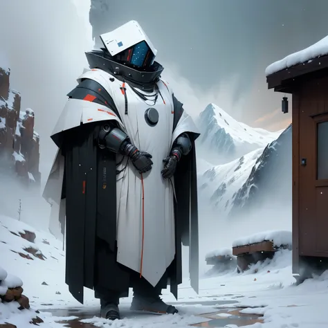 very thick robots, very large legs, in the mountains, in a group, very heavy snowfall, lots of snow, sunset, wearing white cloaks, in a futuristic snowy village, cabins in the background 