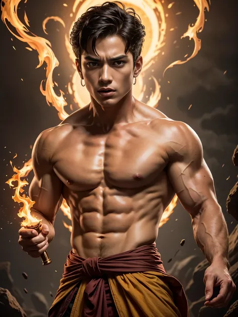 Photorealistic, handsome male model, masculine Asian mix guy, mixed race, (angry:1.3), young, 18 years old, ((best quality)), ((masterpiece)), (detailed), (barechested:1.4) Create an illustrated portrait of young Prince Zuko from "Avatar: The Last Airbende...