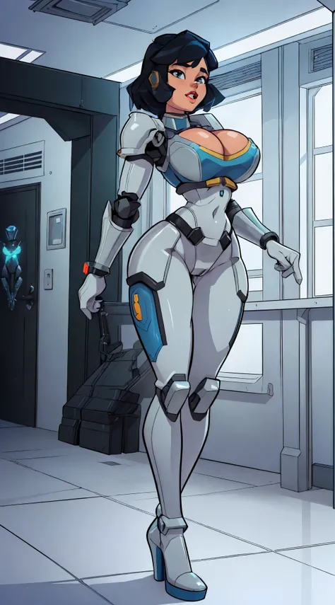 (1GIRL,SOLO:2), (super detailed face), ((BIG BUTTOCKS, HUGE FAKE BREASTS:1.5)), (CLEAVAGE TOP:1.5), (MUSCLE ABS FEMALE:1.4), (MECHA GUARD ARM:1.4), ((WEAR BLUE WHITE OVERWATCH MECHANICAL ARMOR CROP TOP, BLACK MECHANICAL SKINTIGHT SUIT PANTS, MECHA GUARD AR...