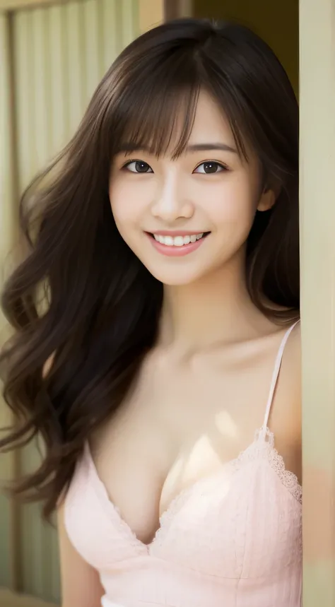 Japanese ),((beautiful girl)),cleavage,An expression that imagines something pleasant:1.2,(perfect body beauty:1.2),((perfect body)),(shy smile),beautiful teeth,