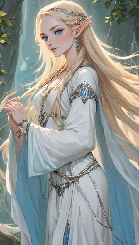 An beautiful elven woman singing, long blond hair in a single braid, flowing white elven robes, blue eyes, long pointy ears, silver bangles, silver earings