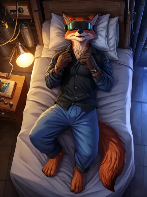 Barefoot furry character, full body, furry male.

Beefy, brawny, muscular, hypnotised Nick Wilde lying on bed in dark laboratory, strapped to the bed, wearing black leather shackles on his wrists and ankles, hypnotised, brainwashed, mind controled, droolin...