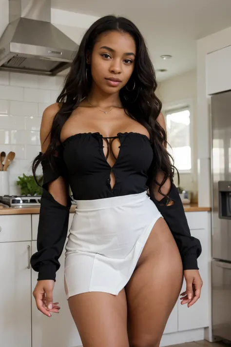 african girl, black ethnicity, wearing sexy dress, wavy hair,  thick girl,in the kitchen, sexy photo, 