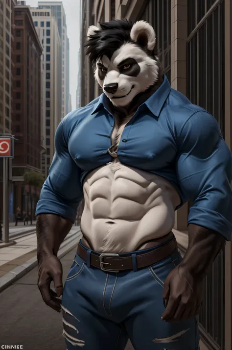 furry very muscular chunky and wide panda daddy wearing tight button-up shirt and jeans black and white fur with black hair on top of head, sidewalk, extremely detailed masterpiece, massive pecs and muscles, shiny eyes, (by chunie).