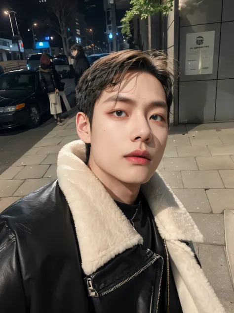 sharp man in a black jacket and white fur coat standing on the sidewalk, brilhante da chuva, taehyung, homem sul-coreano, profil...