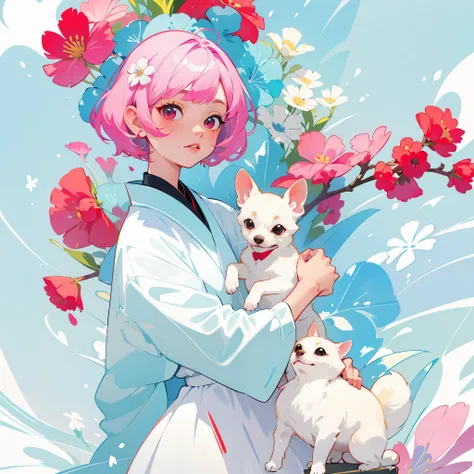 yxycolor，1 beautiful berry short hair girl， holding a small white chihuahua,painting，light blue background,Hanakaido flower,vector graphics