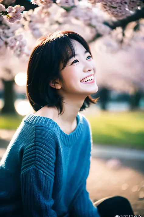 japanese model, beautiful girl sex,photo style, portrait layout, from the front angle, focus on upper body, direct eye contact, laughter, park in the background, at night, Cherry Blossom, sitting pose, wearing a light navy knit sweater, beautiful compositi...