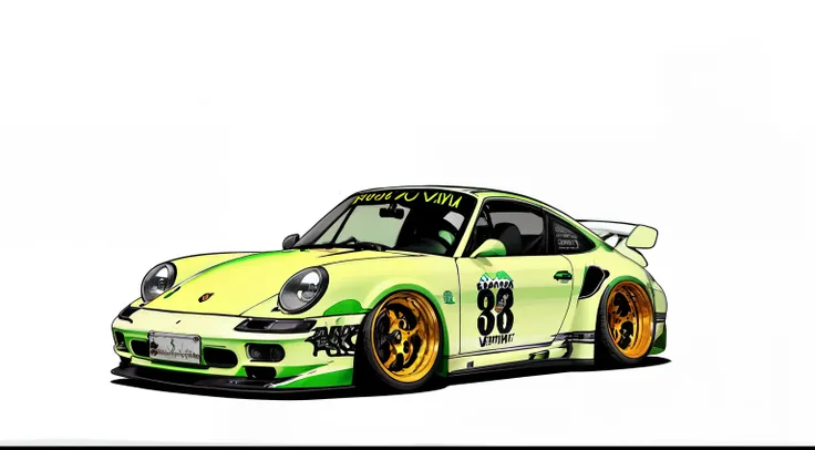 nvinkpunk, painting of a city with a  brown/neon green paint, porsche 911 rwb rotting,wide bodykit, large wheels, high quality,