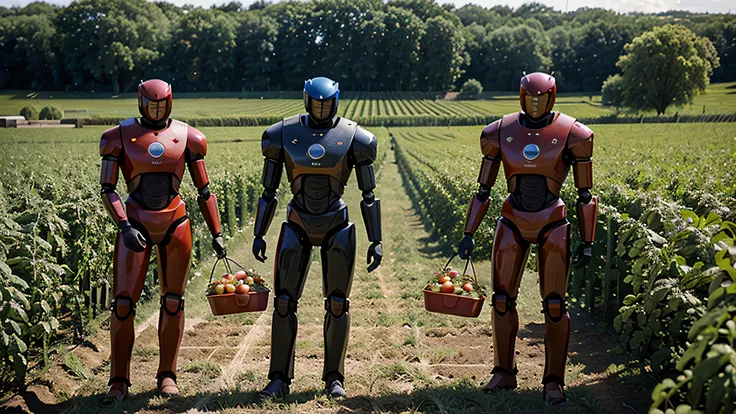 three humanoid robots harvesting tomatoes in a field
