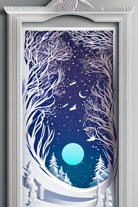 Paper cut design for snowy evening, frostige Lawine, Poster Design, runder Papierschnitt-Stil