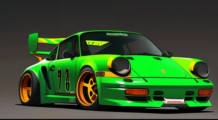 nvinkpunk, painting of a city with a  brown/neon green paint, porsche 911 rwb rotting,wide bodykit, large wheels, high quality,