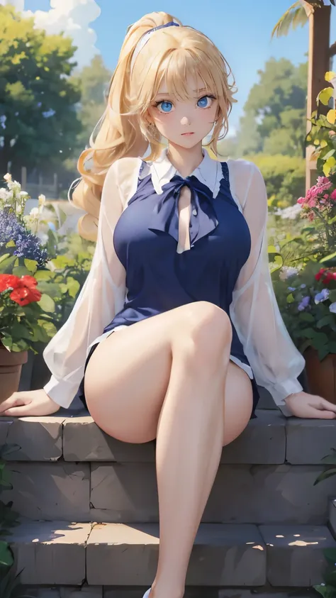 (masterpiece:1.2), (highest quality:1.2),, Curvy but slender body, perfect eyes, perfect face, perfect lighting, 1 girl, in the garden, （blouse），（Lady），（school swimwear），（full body shot），（ponytail），（カメラアングルwhole body），curly hair, fine clothes, detailed out...