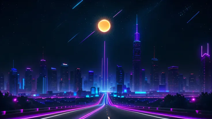 retro wave, road, city, purple and blue neon lights, sun, high tower, night sky, 
(masterpiece, ultra detailed, high resolution)