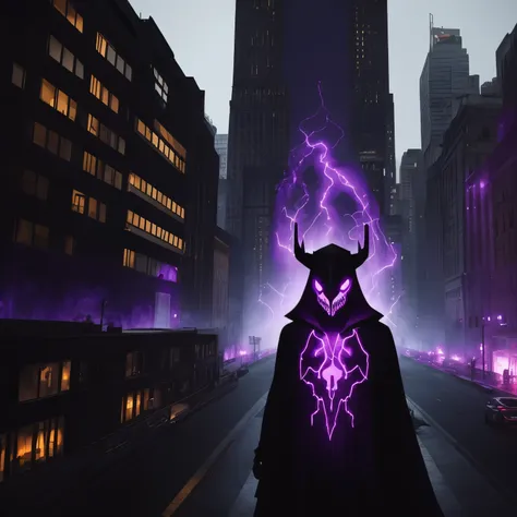 super hero, black outfit, white dear skull mask, purple flames coming from the eye wholes, dark rainy city, standing onto of bui...