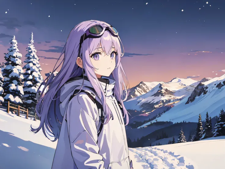 ((masterpiece, high quality, delicate eye detail)), light purple hair color, long, fluffy hair, wearing winter clothes for skiing, goggles, cross-country skiing, snowy mountains