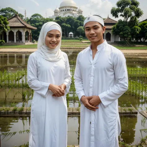 A young Indonesian man aged 25, wearing a white skullcap and a long white tunic, standing next to a beautiful young woman in a white hijab and white tunic. They are smiling at the camera, with a mosque in the background surrounded by rice fields