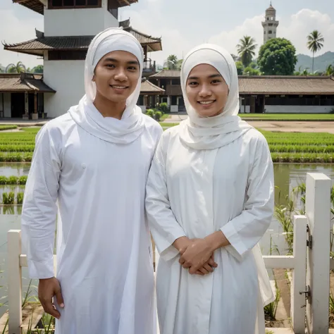 A young Indonesian man aged 25, wearing a white skullcap and a long white tunic, standing next to a beautiful young woman in a white hijab and white tunic. They are smiling at the camera, with a mosque in the background surrounded by rice fields