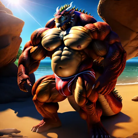 kaido, dragon king, male dragon, eastern dragon, very big muscles, hulking, bodybuilder, extremely strong, big abdominal muscles, hefty musclegut, pecs, feet, claw, full body, swim briefs, one piece, HDR,  nipples, sunlight, daylight, outdoor, less shadow,...