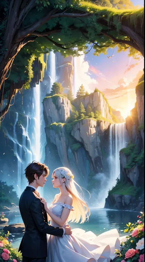 (magical digital artwork:1.3), (masterpiece), (cinematic), a couple, a guy and a woman, looking to each other, waterfall backgroud, (waterfall),nature,(perfect faces), from side,(romantic), (love), alone, (two people), elegant, perfect scenery, perfect lig...