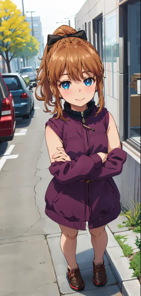 best quality, (masterpiece:1.2), highly detailed, standing, street,
1girl, solo, akatsuki minami,
looking at the viewer, closed mouth, smile, slight blush,
blue eyes, brown hair, ponytail, hair bow, sleeveless.