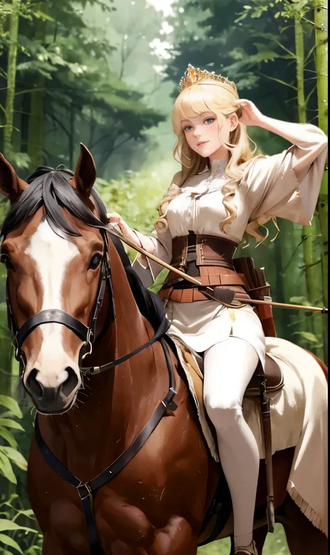 beautiful blonde princess with archery on her back sitting on a horse in a deep jungle 