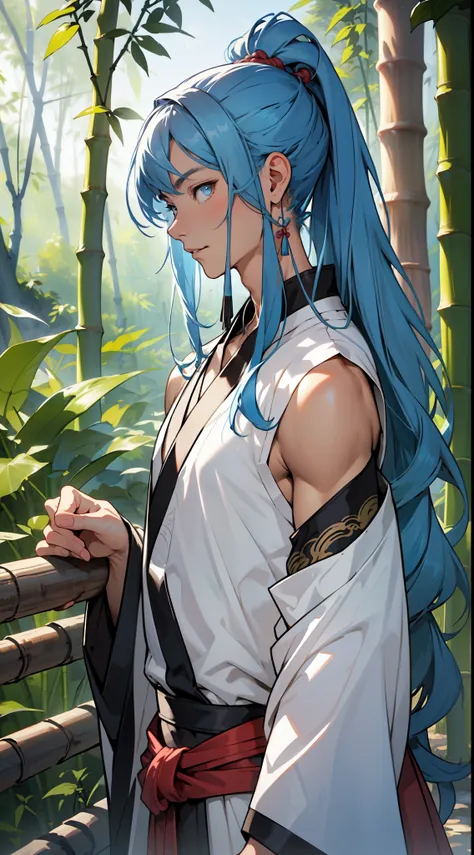 Masterpiece, best quality, official art, 8k wallpaper, very detailed, illustration, 1 boy, male, chinese style, ink, sky blue hair, long hair, detailed eyes, forrest fun, bare shoulders, hanfu, lake, pure, soft smile, bamboo, tea