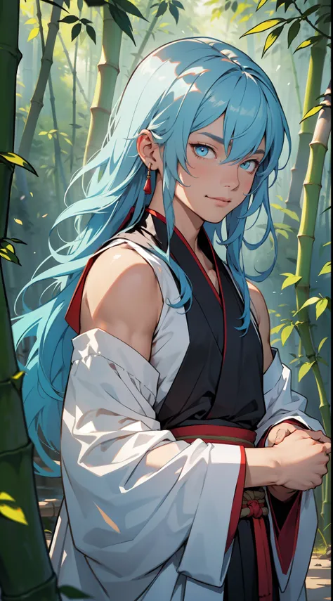 Masterpiece, best quality, official art, 8k wallpaper, very detailed, illustration, 1 boy, male, chinese style, ink, sky blue hair, long hair, detailed eyes, forrest fun, bare shoulders, hanfu, lake, pure, soft smile, bamboo, tea