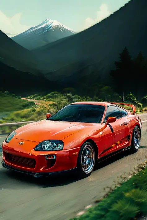 a close up of a car driving on a road near a mountain, inspired by Tim Doyle, toyota supra, striking detailed artstyle, automotive design art, by Tim Doyle, detailed vectorart, japanese drift car, in style of digital illustration, kentaro miura art style, ...