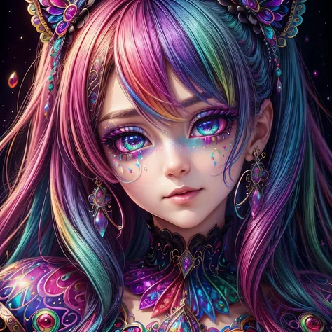 This artwork should be colorful and evoke feelings of euphoria and ecstasy. All of the colors should be bold and bright and rich. Generate a beautiful fantasy woman with a mature adult face and an interesting and dynamic manic expression. The woman is dres...