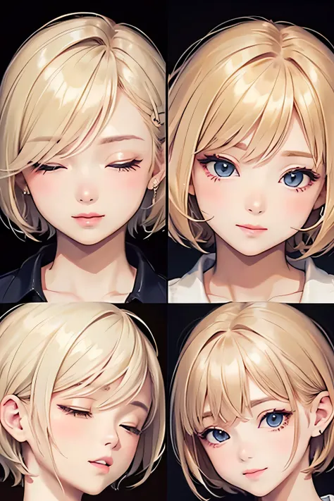 blonde、short hair、girl１、close up of face、close ~ eye、kissing mouth、Date attire