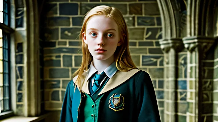 Young Ravenclaw from Hogwarts aged 17，irish blonde，green eyes，pale skin，Wear Hogwarts Ravenclaw uniform，There is a skin texture，Taking potions class，Real high details，Natural light，detailed background，Preppy style，masterpiece，best quality，intricate details...