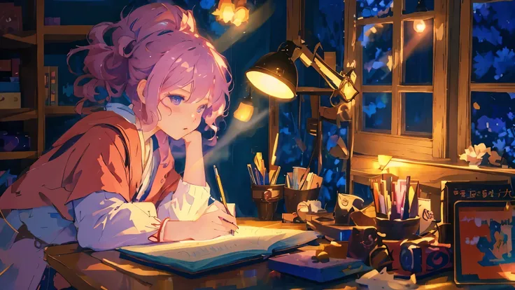 anime girl writing in a dark room with a lamp on, anime art wallpaper 4 k, anime art wallpaper 4k, anime art wallpaper 8 k, anime style 4 k, anime. soft lighting, 4k anime wallpaper, anime background art, anime aesthetic, anime wallpaper 4 k, detailed digi...